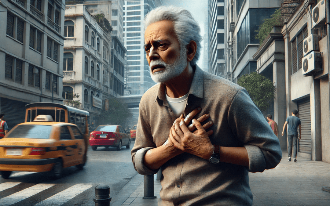 elderly Indian male experiencing chest pain in an urban setting