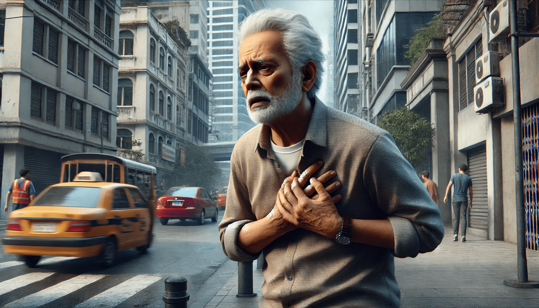 elderly Indian male experiencing chest pain in an urban setting